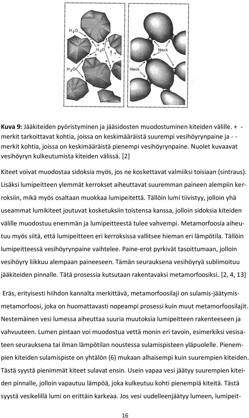 Nuolet kuvaavat vesihöyryn kulkeutumista kiteiden välissä. [2] Kiteet voivat muodostaa sidoksia myös, jos ne koskettavat valmiiksi toisiaan (sintraus).