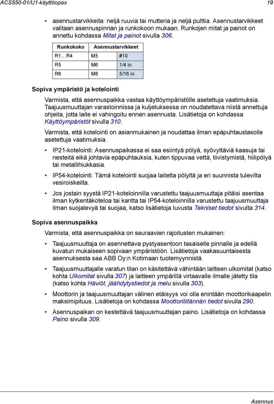 Runkokoko Asennustarvikkeet R1 R4 M5 #10 R5 M6 1/4 in R6 M8 5/16 in Sopiva ympäristö ja kotelointi Varmista, että asennuspaikka vastaa käyttöympäristölle asetettuja vaatimuksia.