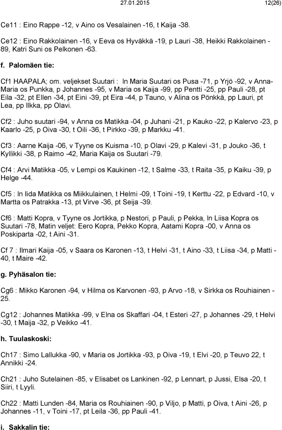 veljekset Suutari : ln Maria Suutari os Pusa -71, p Yrjö -92, v Anna- Maria os Punkka, p Johannes -95, v Maria os Kaija -99, pp Pentti -25, pp Pauli -28, pt Eila -32, pt Ellen -34, pt Eini -39, pt