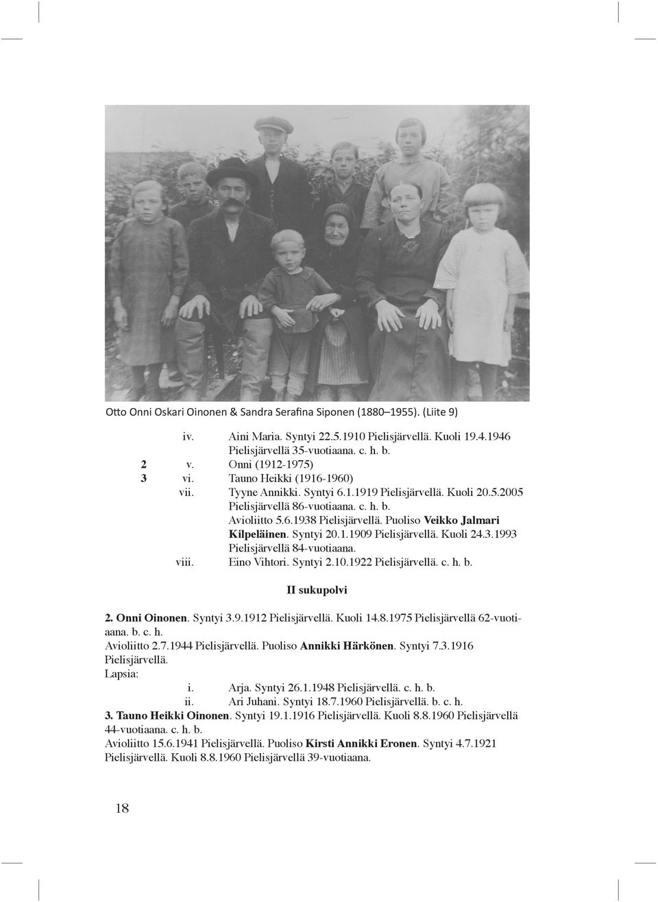 Puoliso Veikko Jalmari Kilpeläinen. Syntyi 20.1.1909 Pielisjärvellä. Kuoli 24.3.1993 Pielisjärvellä 84-vuotiaana. viii. Eino Vihtori. Syntyi 2.10.1922 Pielisjärvellä. c. h. b. I 2. Onni Oinonen.