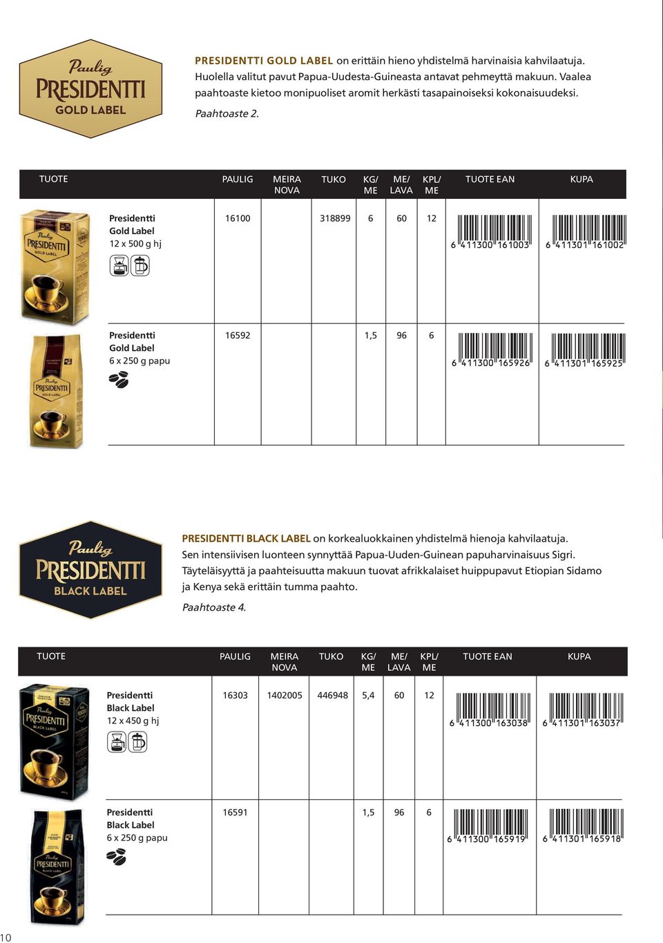 TUOTE PAULIG MEIRA TUKO KG/ ME ME/ LAVA KPL/ ME Presidentti 16100 318899 6 60 12 Gold Label 12 x 500 g hj Presidentti 16592 1,5 96 6 Gold Label 6 x 250 g papu PRESIDENTTI BLACK LABEL on