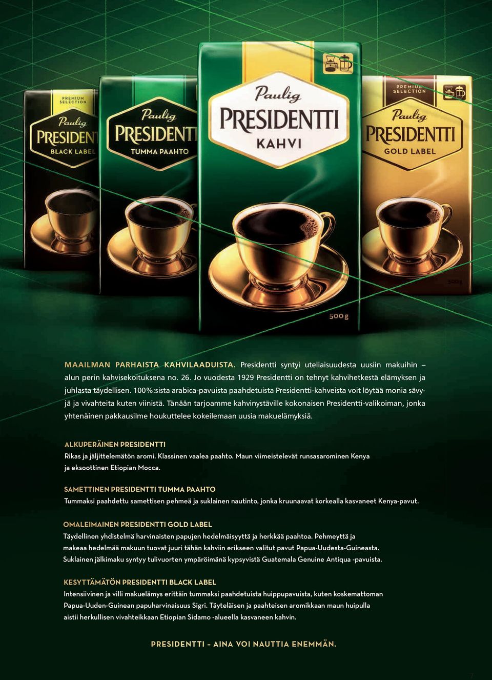 100%:sista arabica-pavuista paahdetuista Presidentti-kahveista voit löytää monia sävyjä ja vivahteita kuten viinistä.