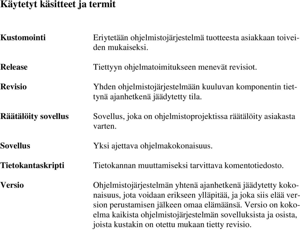 Sovellus, joka on ohjelmistoprojektissa räätälöity asiakasta varten. Yksi ajettava ohjelmakokonaisuus. Tietokannan muuttamiseksi tarvittava komentotiedosto.