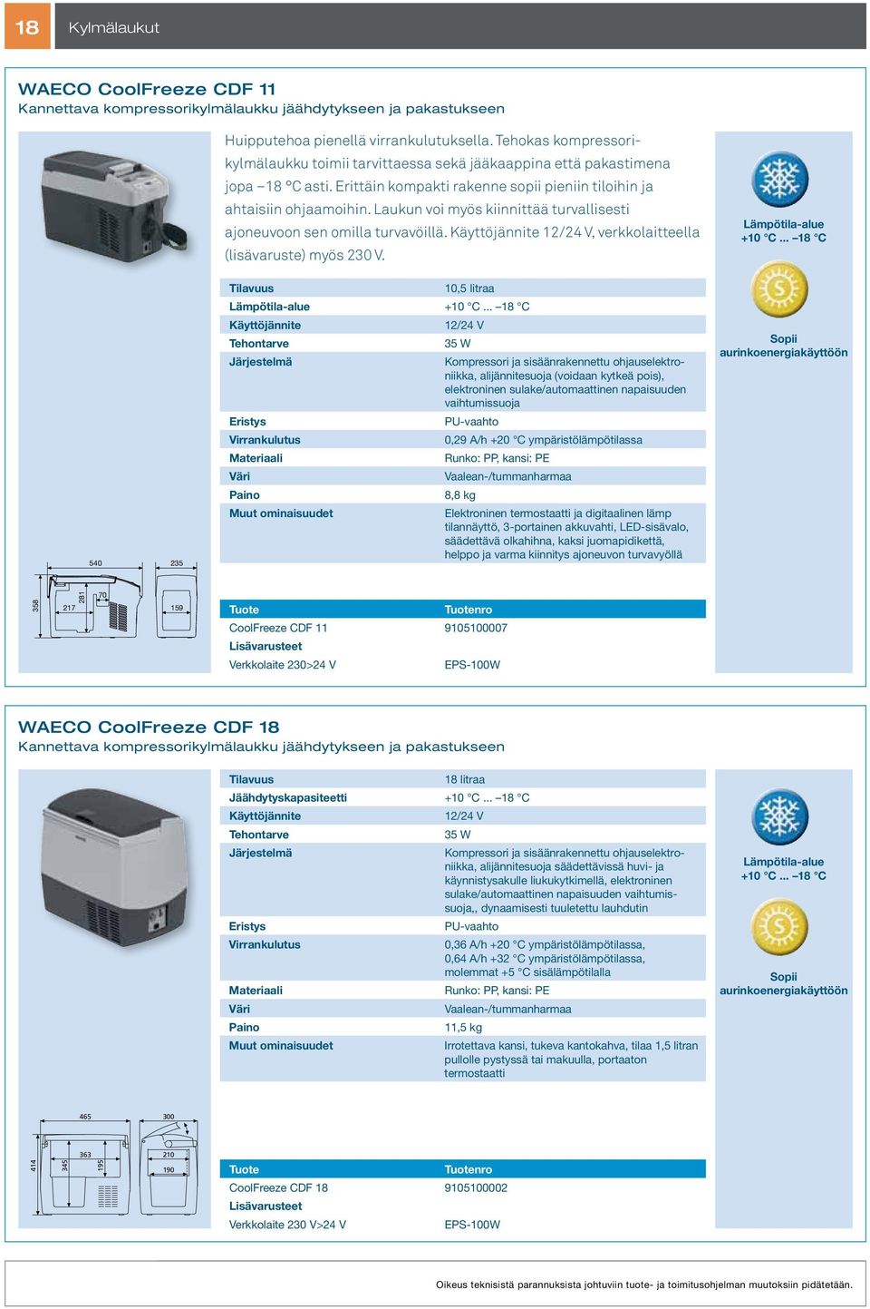 Laukun voi myös kiinnittää turvallisesti ajoneuvoon sen omilla turvavöillä. 12/24 V, verkkolaitteella (lisävaruste) myös. Lämpötila-alue +10 C... 18 C 10,5 litraa Lämpötila-alue +10 C.