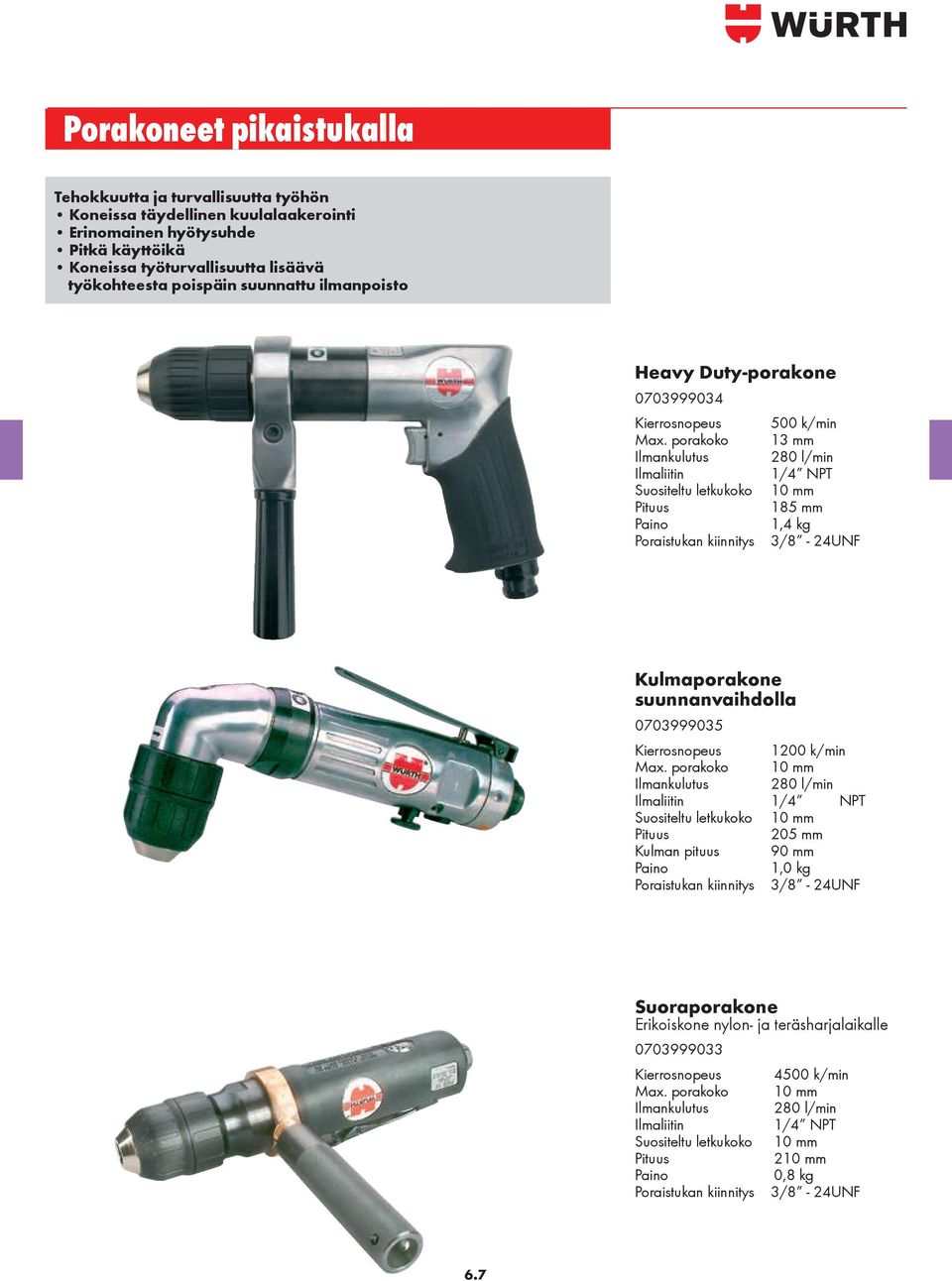 porakoko 13 Ilmankulutus 280 l/min Ilmaliitin 1/4 NPT Suositeltu letkukoko 10 185 1,4 kg Poraistukan kiinnitys 3/8-24UNF Kulmaporakone suunnanvaihdolla 0703999035 Kierrosnopeus 1200 k/min Max.