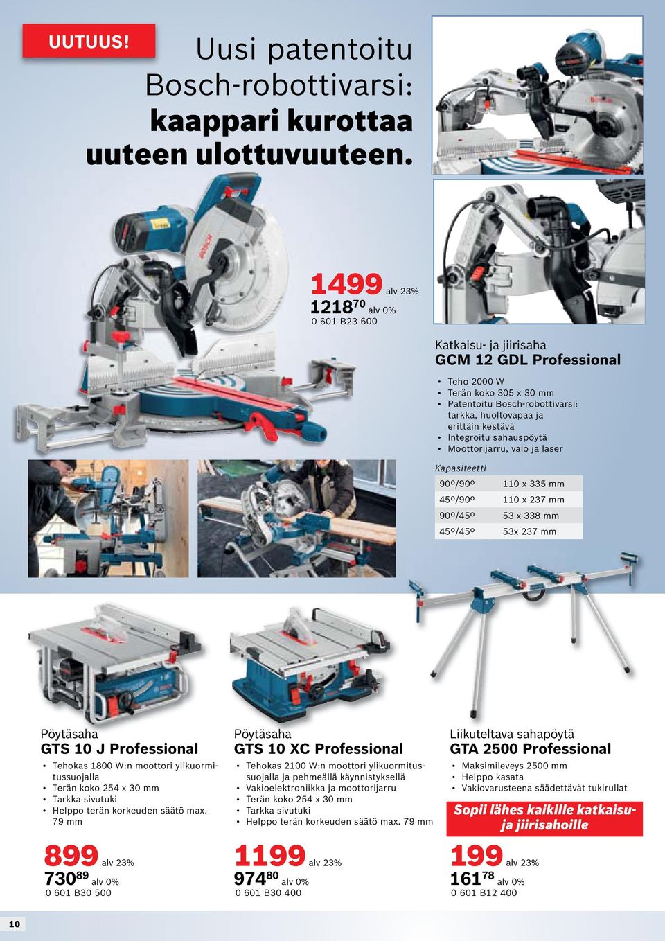 sahauspöytä Moottorijarru, valo ja laser Kapasiteetti 90º/90º 110 x mm 4º/90º 110 x 27 mm 90º/4º x 8 mm 4º/4º x 27 mm Pöytäsaha GTS 10 J Professional Tehokas 1800 W:n moottori ylikuormitussuojalla