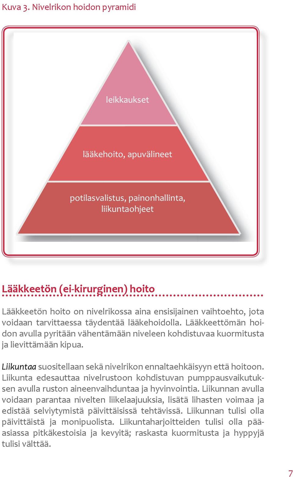 vaihtoehto, jota voidaan tarvittaessa täydentää lääkehoidolla. Lääkkeettömän hoidon avulla pyritään vähentämään niveleen kohdistuvaa kuormitusta ja lievittämään kipua.