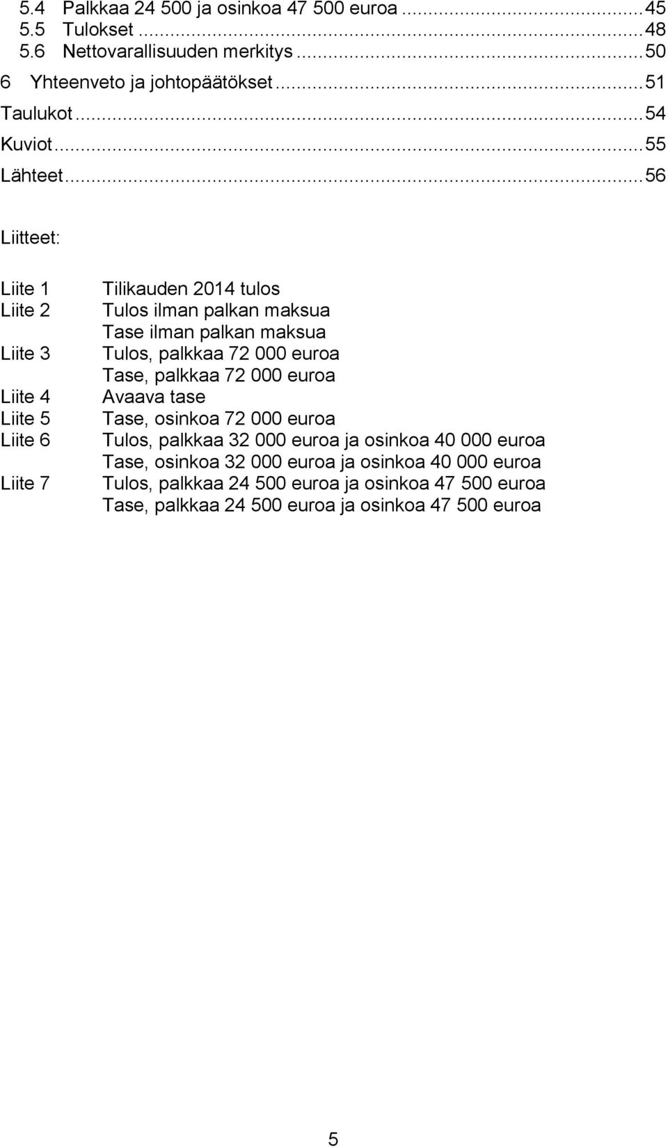 .. 56 Liitteet: Liite 1 Liite 2 Liite 3 Liite 4 Liite 5 Liite 6 Liite 7 Tilikauden 2014 tulos Tulos ilman palkan maksua Tase ilman palkan maksua Tulos,