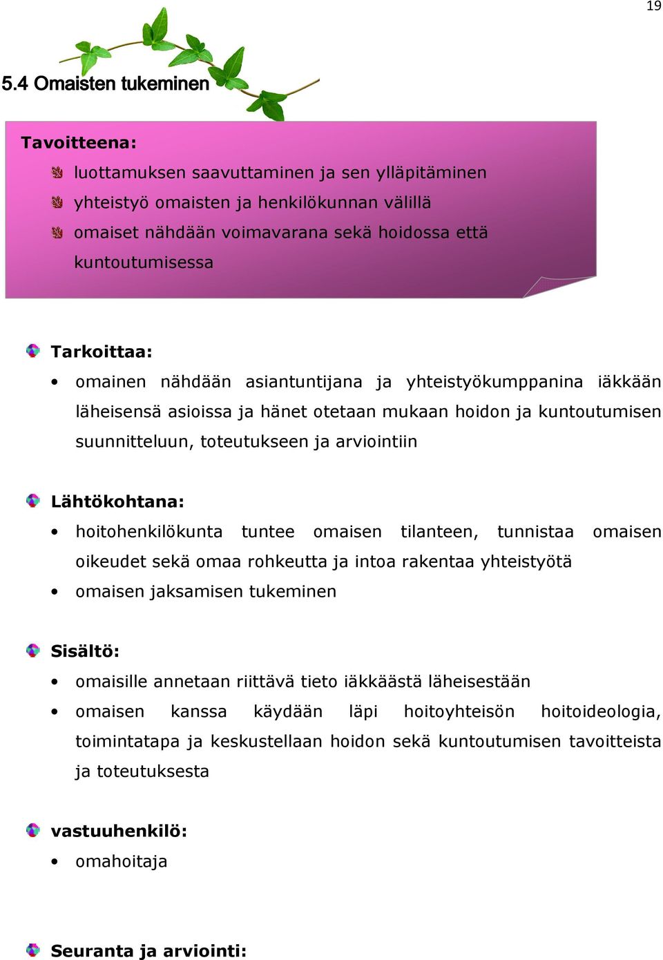 hoitohenkilökunta tuntee omaisen tilanteen, tunnistaa omaisen oikeudet sekä omaa rohkeutta ja intoa rakentaa yhteistyötä omaisen jaksamisen tukeminen Sisältö: omaisille annetaan riittävä tieto