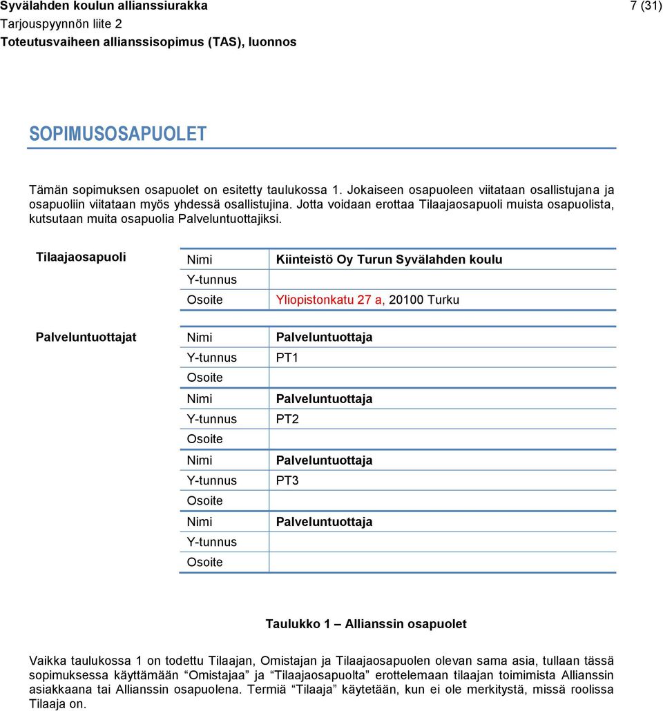 Jotta voidaan erottaa Tilaajaosapuoli muista osapuolista, kutsutaan muita osapuolia Palveluntuottajiksi.