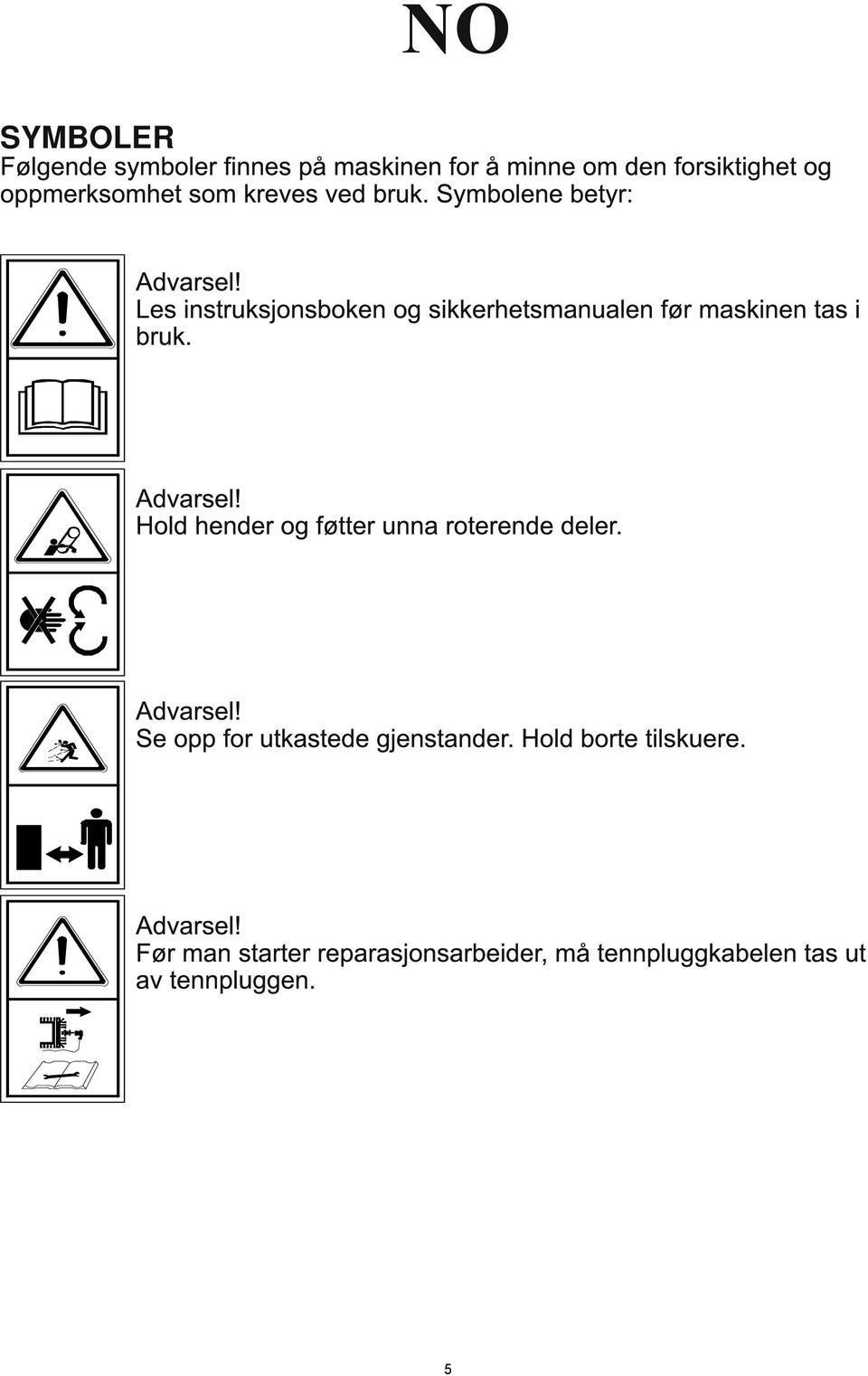 Les instruksjonsboken og sikkerhetsmanualen fűr maskinen tas i bruk. Advarsel!