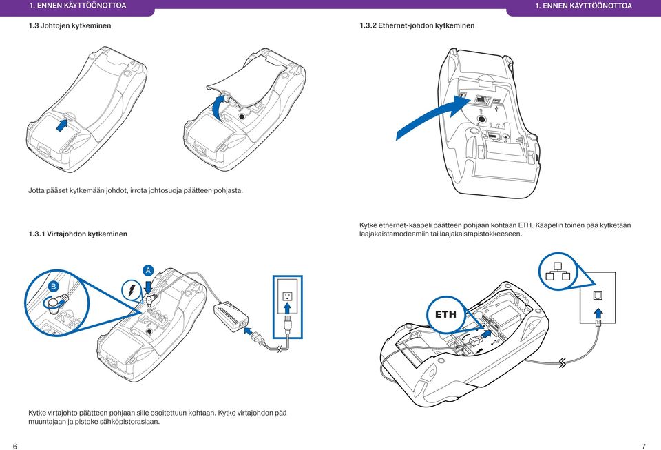 1.3.1 Virtajohdon kytkeminen Kytke ethernet-kaapeli päätteen pohjaan kohtaan ETH.