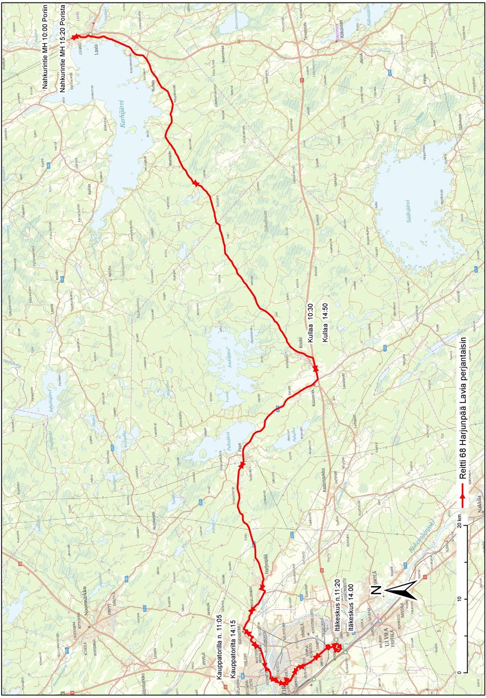 11:05 20 km Reitti 68 Harjunpää Lavia perjantaisin