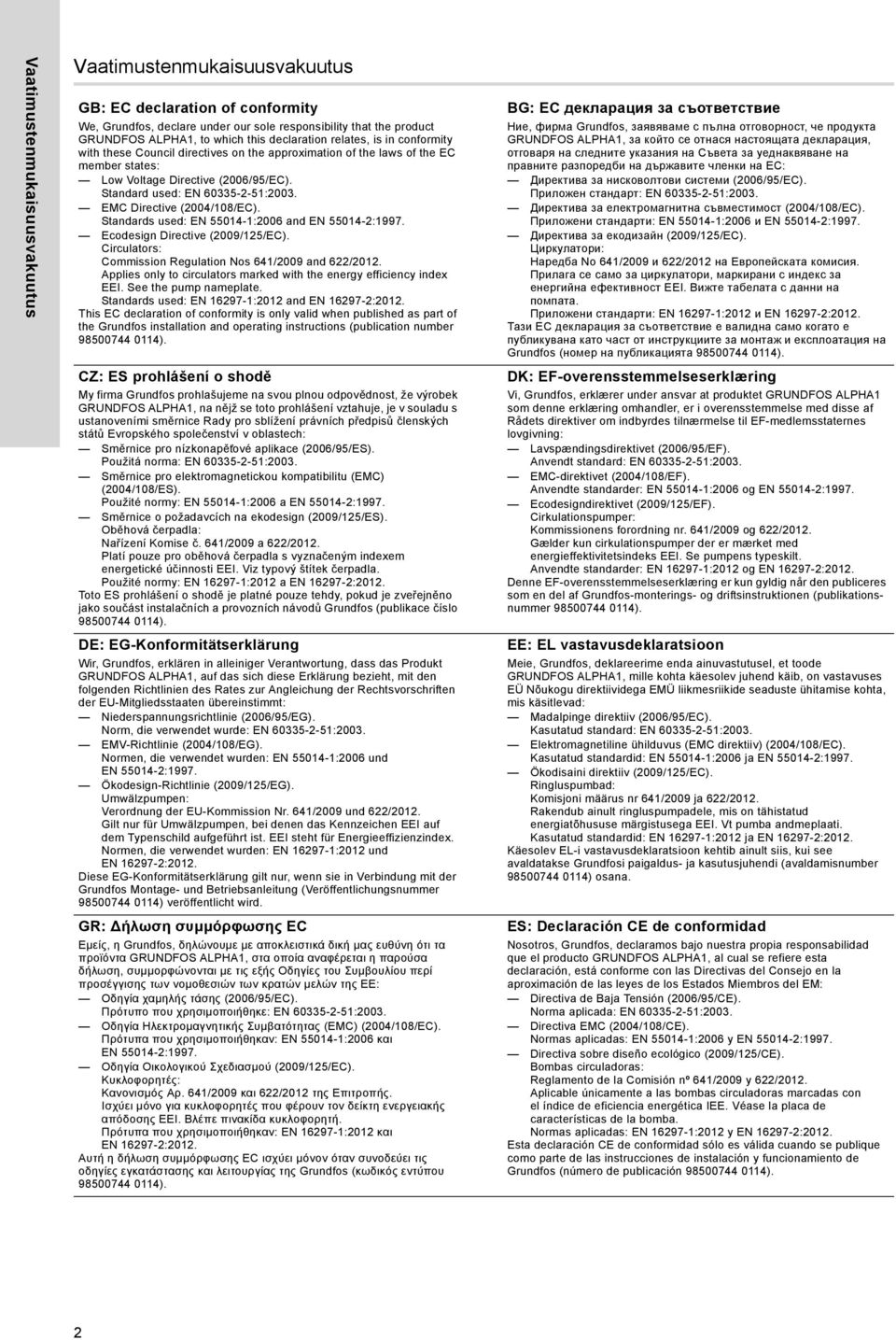 EMC Directive (2004/108/EC). Standards used: EN 55014-1:2006 and EN 55014-2:1997. Ecodesign Directive (2009/125/EC). Circulators: Commission Regulation Nos 641/2009 and 622/2012.