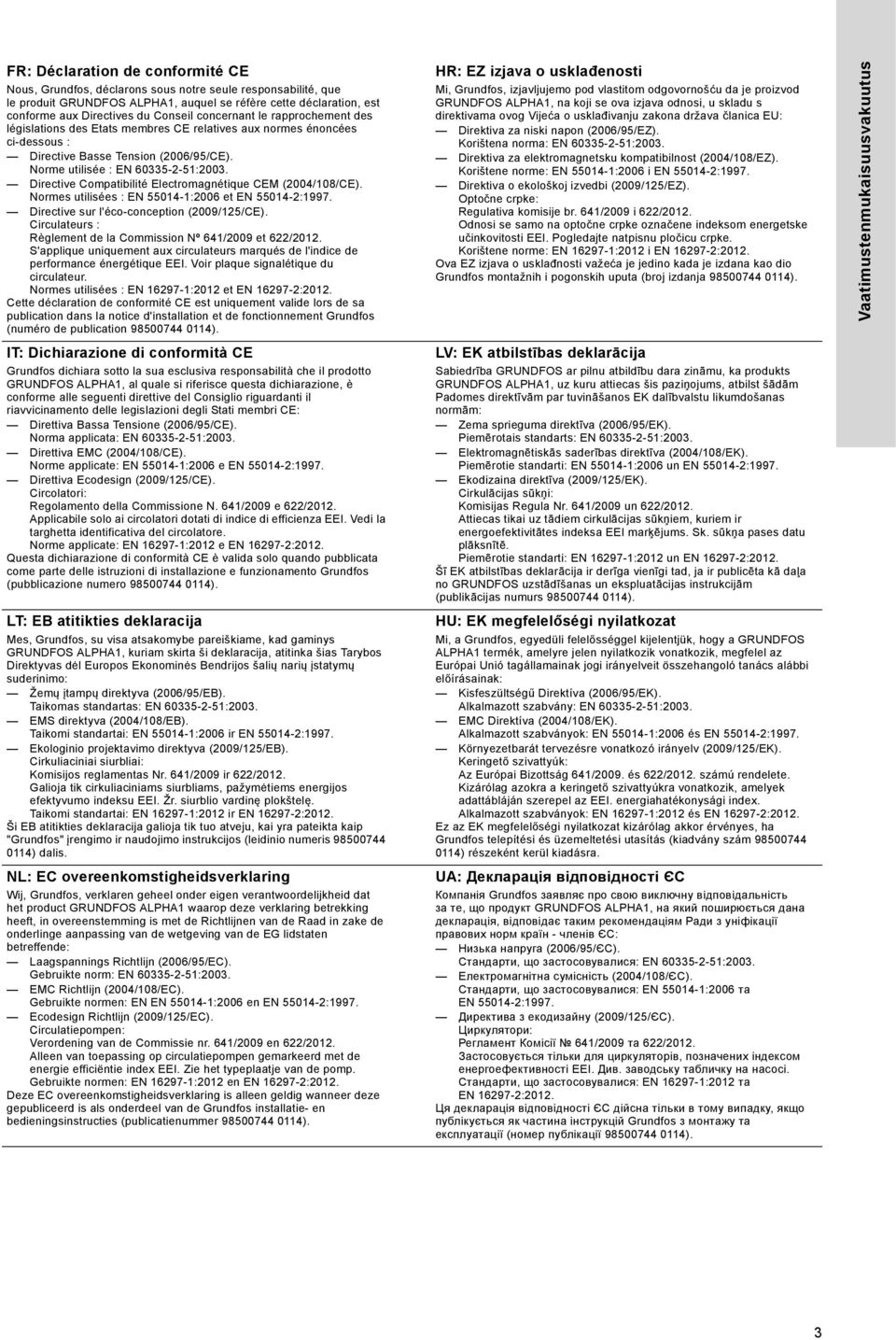 Directive Compatibilité Electromagnétique CEM (2004/108/CE). Normes utilisées : EN 55014-1:2006 et EN 55014-2:1997. Directive sur l'éco-conception (2009/125/CE).