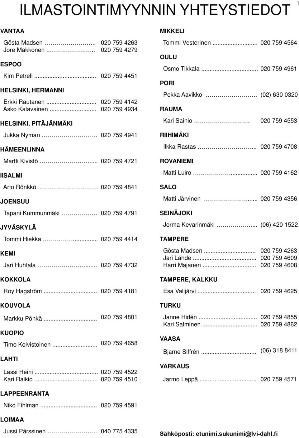 .. 020 759 4721 IISALMI Arto Rönkkö 020 759 4841 JOENSUU Tapani Kummunmäki 020 759 4791 JYVÄSKYLÄ Tommi Hiekka... 020 759 4414 020 759 4732 MIKKELI Tommi Vesterinen... OULU Osmo Tikkala.