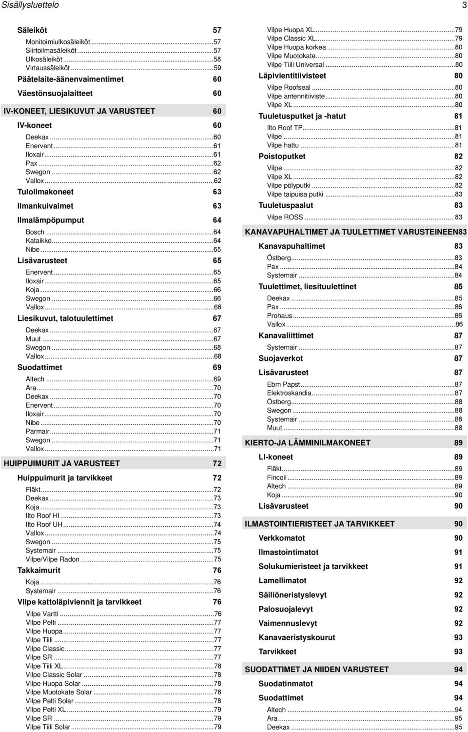 ..62 Tuloilmakoneet 63 Ilmankuivaimet 63 Ilmalämpöpumput 64 Bosch...64 Kataikko...64 Nibe...65 Lisävarusteet 65 Enervent...65 Iloxair...65 Koja...66 Swegon...66 Vallox.