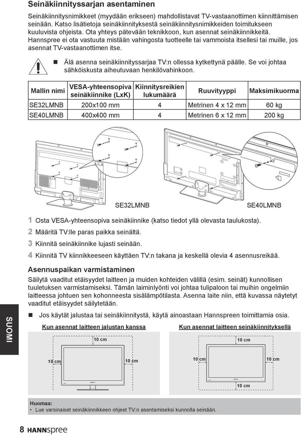 Hannspree ei ota vastuuta mistään vahingosta tuotteelle tai vammoista itsellesi tai muille, jos asennat TV-vastaanottimen itse.