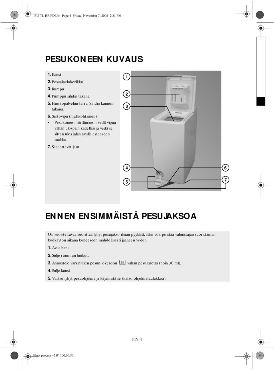Säädettävät jalat 1 2 3 4 5 6 7 ENNEN ENSIMMÄISTÄ PESUJAKSOA On suositeltavaa suorittaa lyhyt pesujakso ilman pyykkiä, näin voit poistaa valmistajan suorittaman koekäytön aikana