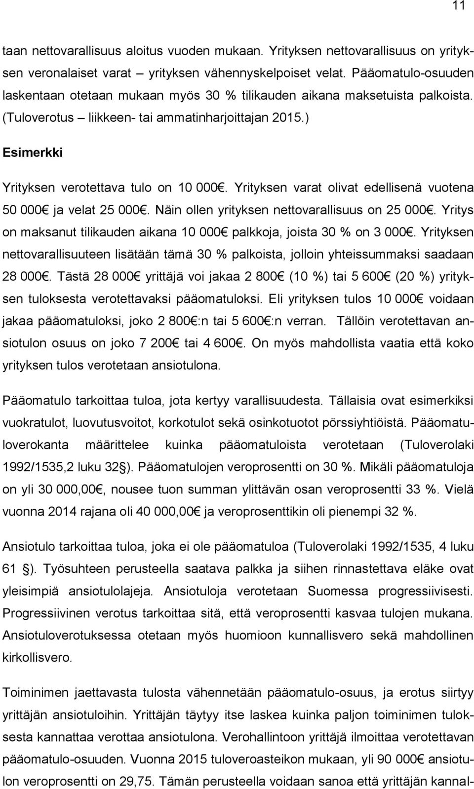 Yrityksen varat olivat edellisenä vuotena 50 000 ja velat 25 000. Näin ollen yrityksen nettovarallisuus on 25 000. Yritys on maksanut tilikauden aikana 10 000 palkkoja, joista 30 % on 3 000.