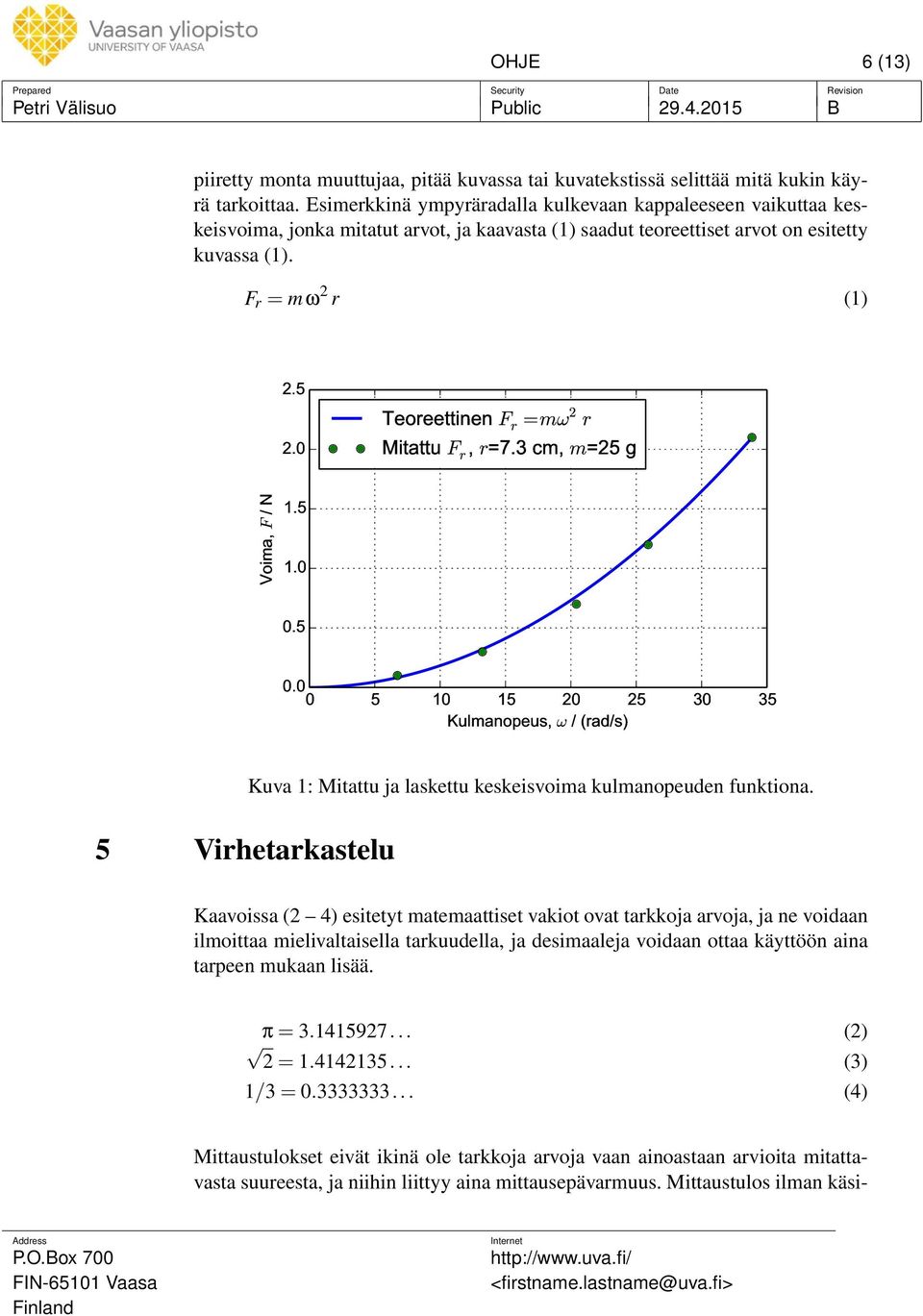 0 Teoreettinen F r =mω 2 r Mitattu F r, r=7.3 cm, m=25 g Voima, F / N 1.5 1.0 0.5 0.