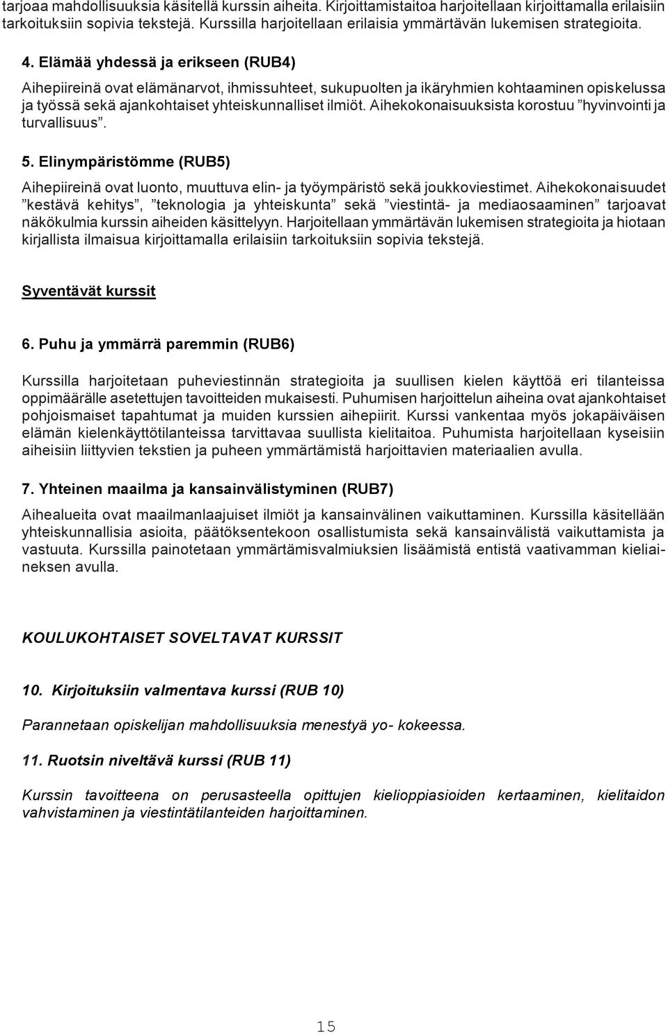 Elämää yhdessä ja erikseen (RUB4) Aihepiireinä ovat elämänarvot, ihmissuhteet, sukupuolten ja ikäryhmien kohtaaminen opiskelussa ja työssä sekä ajankohtaiset yhteiskunnalliset ilmiöt.