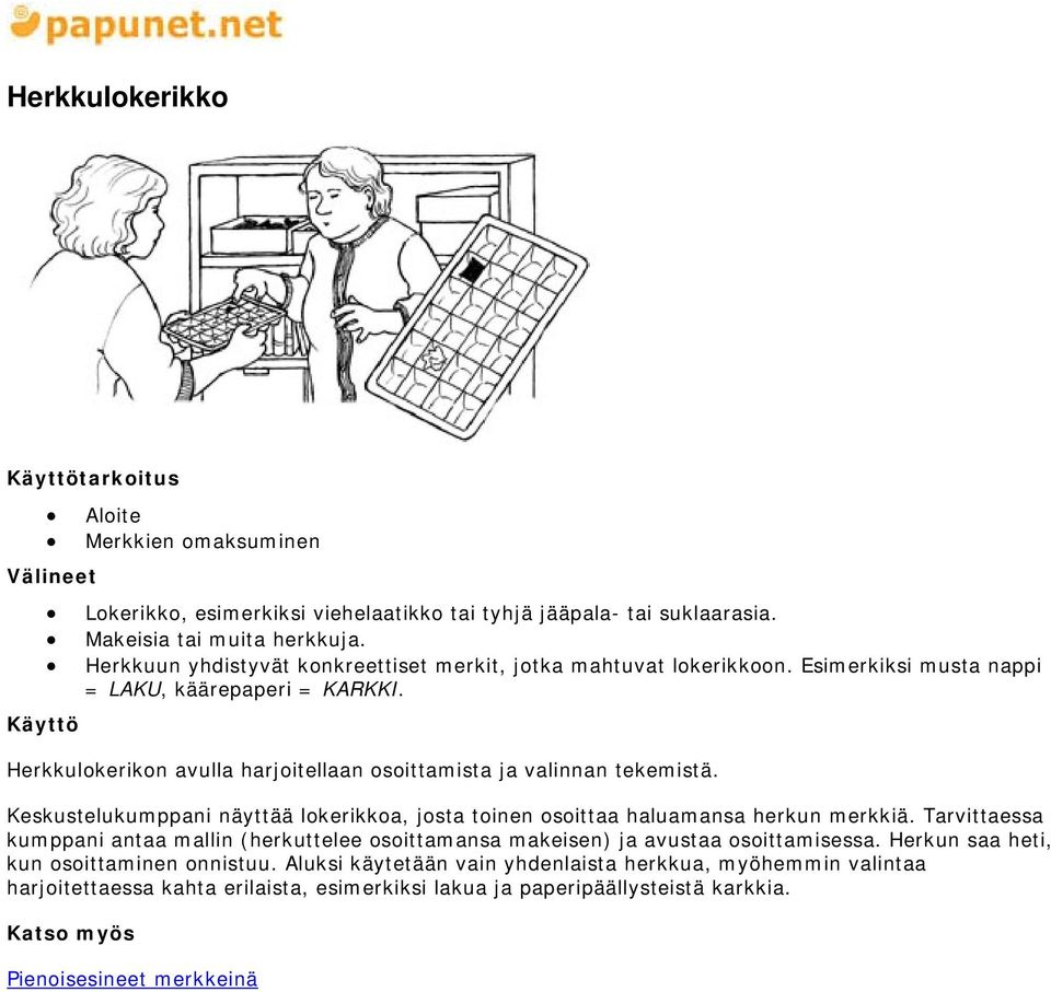 Herkkulokerikon avulla harjoitellaan osoittamista ja valinnan tekemistä. Keskustelukumppani näyttää lokerikkoa, josta toinen osoittaa haluamansa herkun merkkiä.