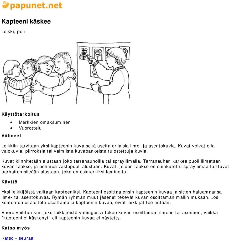 Tarranauhan karkea puoli liimataan kuvan taakse, ja pehmeä vastapuoli alustaan. Kuvat, joiden taakse on suihkutettu sprayliimaa tarttuvat parhaiten sileään alustaan, joka on esimerkiksi laminoitu.