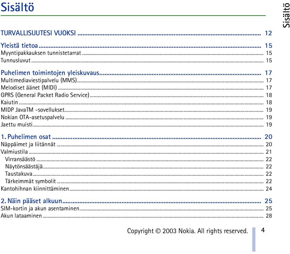 .. 19 Nokian OTA-asetuspalvelu... 19 Jaettu muisti... 19 1. Puhelimen osat... 20 Näppäimet ja liitännät... 20 Valmiustila... 21 Virransäästö... 22 Näytönsäästäjä.