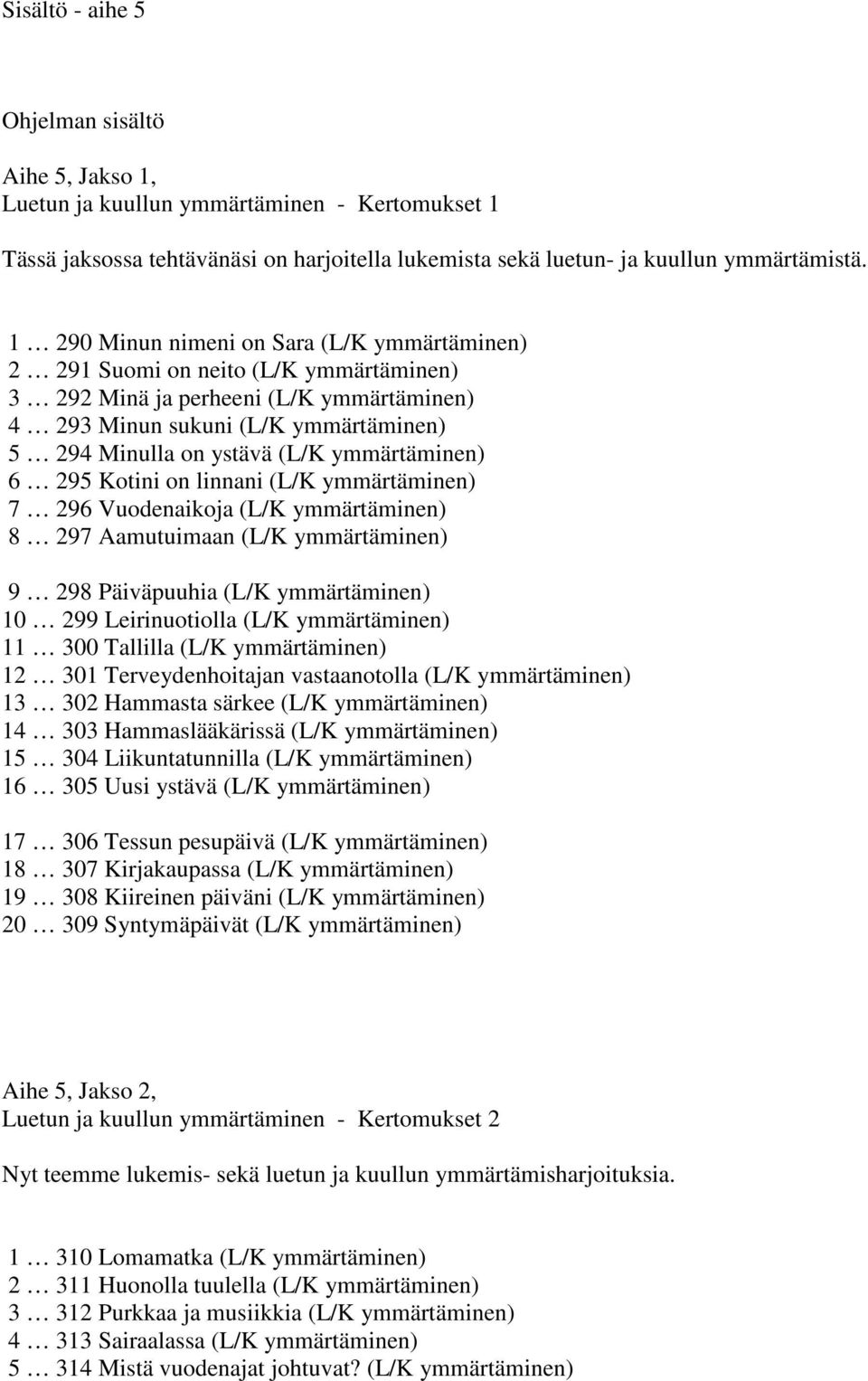 ymmärtäminen) 6 295 Kotini on linnani (L/K ymmärtäminen) 7 296 Vuodenaikoja (L/K ymmärtäminen) 8 297 Aamutuimaan (L/K ymmärtäminen) 9 298 Päiväpuuhia (L/K ymmärtäminen) 10 299 Leirinuotiolla (L/K