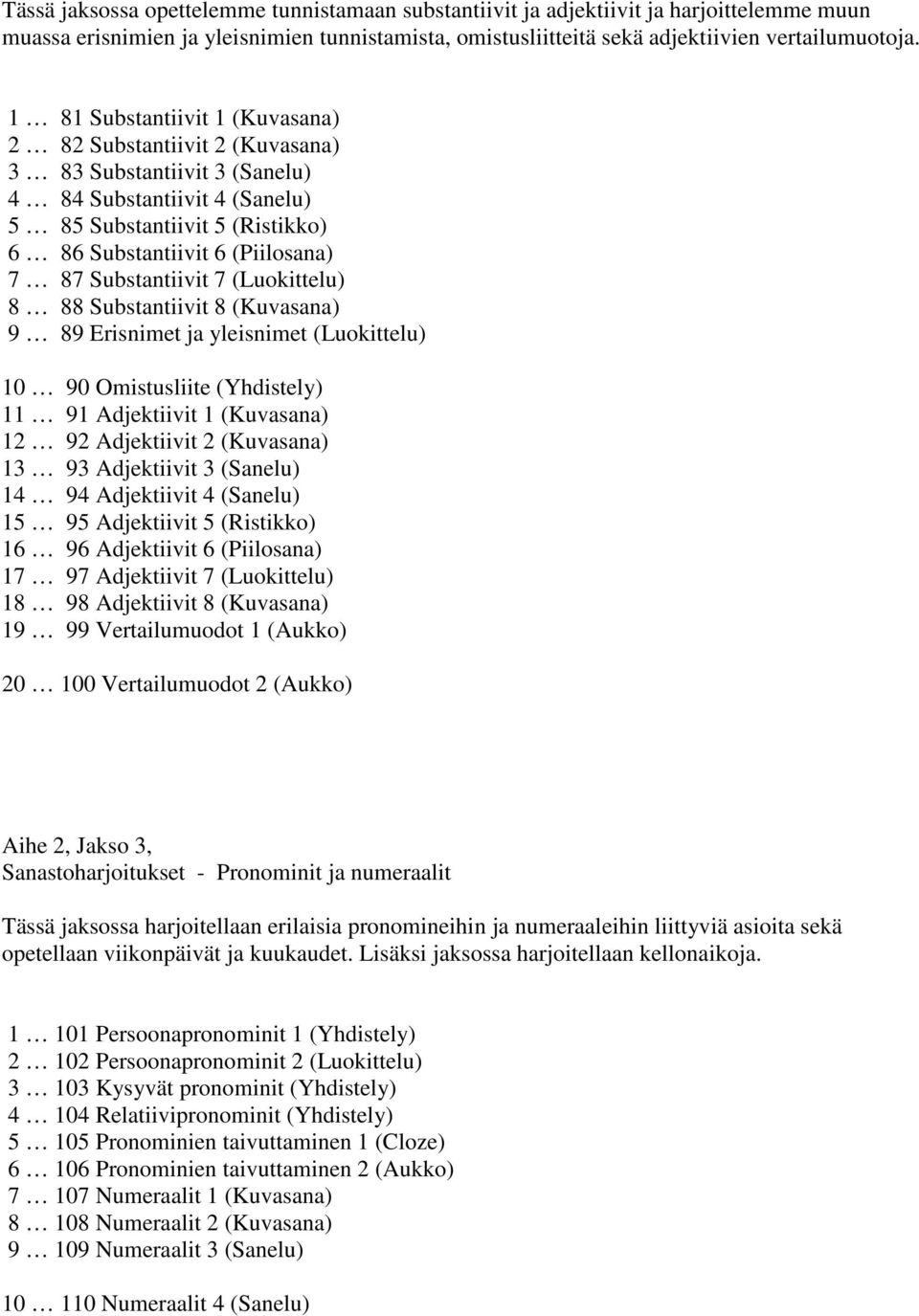 Substantiivit 7 (Luokittelu) 8 88 Substantiivit 8 (Kuvasana) 9 89 Erisnimet ja yleisnimet (Luokittelu) 10 90 Omistusliite (Yhdistely) 11 91 Adjektiivit 1 (Kuvasana) 12 92 Adjektiivit 2 (Kuvasana) 13