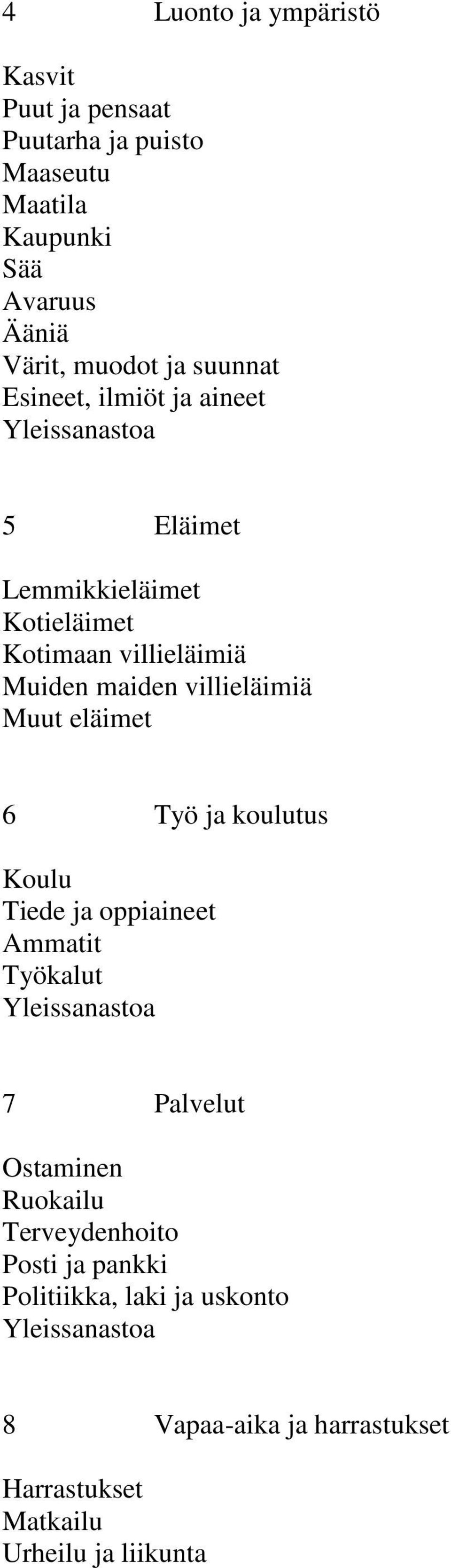 villieläimiä Muut eläimet 6 Työ ja koulutus Koulu Tiede ja oppiaineet Ammatit Työkalut 7 Palvelut Ostaminen Ruokailu