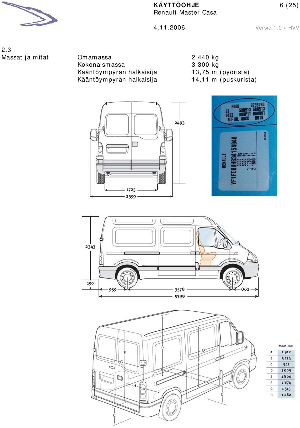 Kokonaismassa 3 300 kg Kääntöympyrän