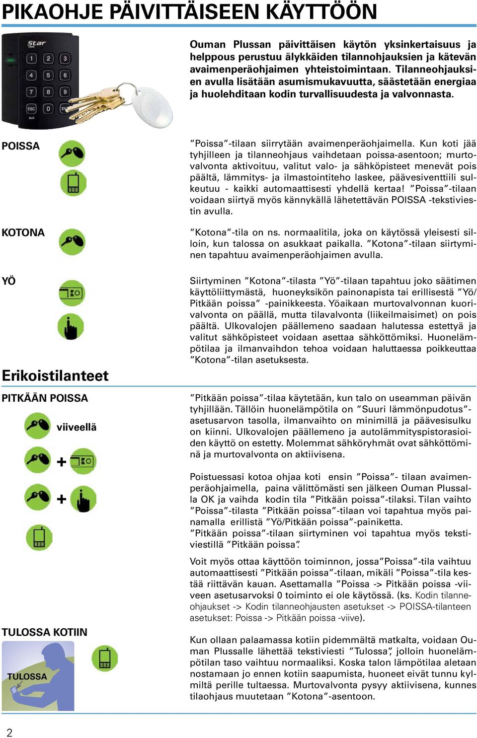 POISSA KOTONA YÖ Erikoistilanteet PITKÄÄN POISSA viiveellä + + TULOSSA KOTIIN TULOSSA Poissa -tilaan siirrytään avaimenperäohjaimella.