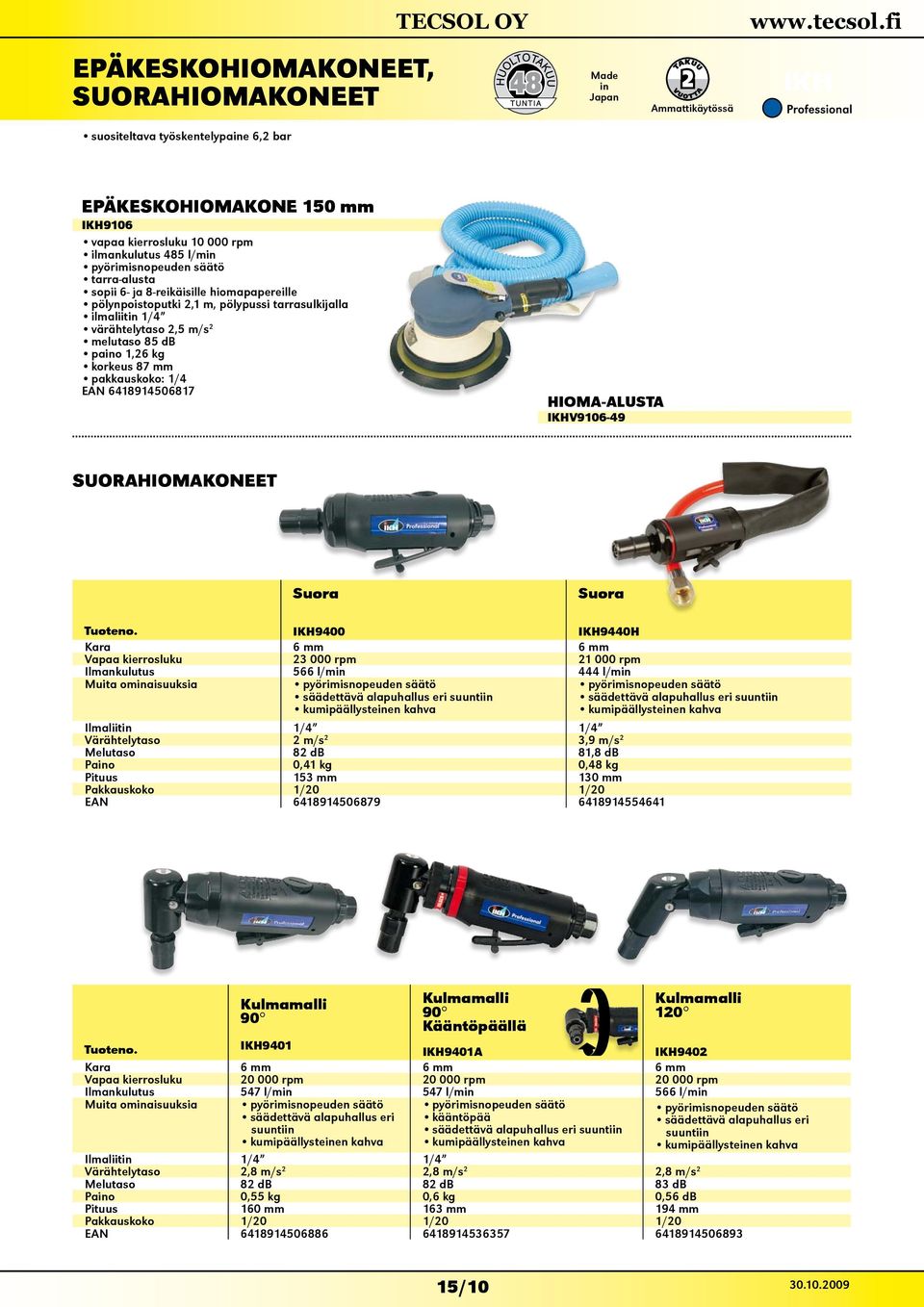 EAN 6418914506817 HIOMA-ALUSTA IKHV9106-49 SUORAHIOMAKONEET Suora Suora IKH9400 IKH9440H Kara 6 mm 6 mm Vapaa kierrosluku 23 000 rpm 21 000 rpm Ilmankulutus 566 l/min 444 l/min Muita ominaisuuksia