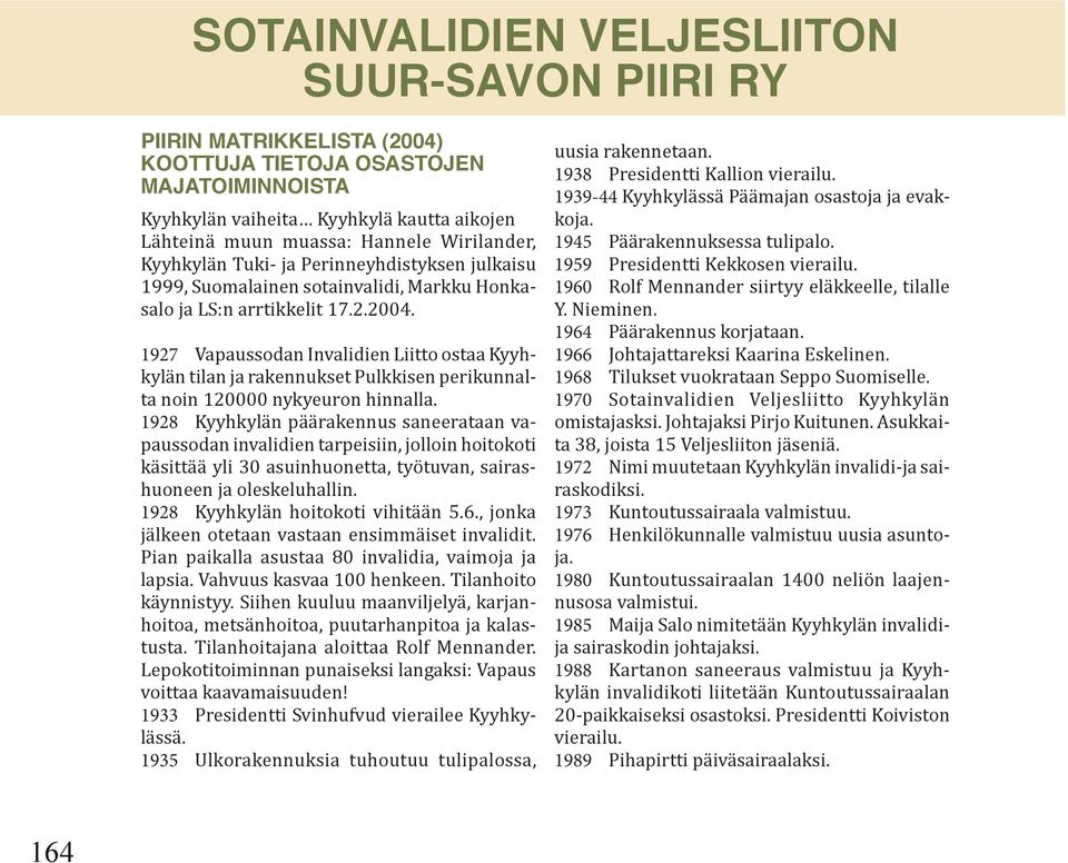 1927 Vapaussodan Invalidien Liitto ostaa Kyyhkylän tilan ja rakennukset Pulkkisen perikunnalta noin 120000 nykyeuron hinnalla.