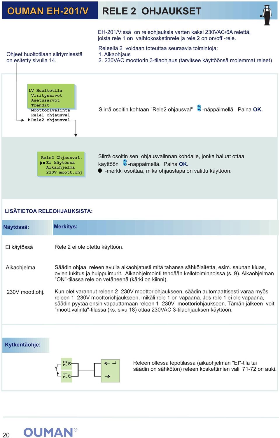 230VAC moottorin 3-tilaohjaus (tarvitsee käyttöönsä molemmat releet) LV Huoltotila Viritysarvot Trendit Moottorivalinta Rele1 ohjausval Rele2 ohjausval Siirrä osoitin kohtaan "Rele2 ohjausval"