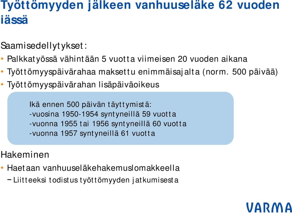 500 päivää) Työttömyyspäivärahan lisäpäiväoikeus Ikä ennen 500 päivän täyttymistä: -vuosina 1950-1954 syntyneillä 59