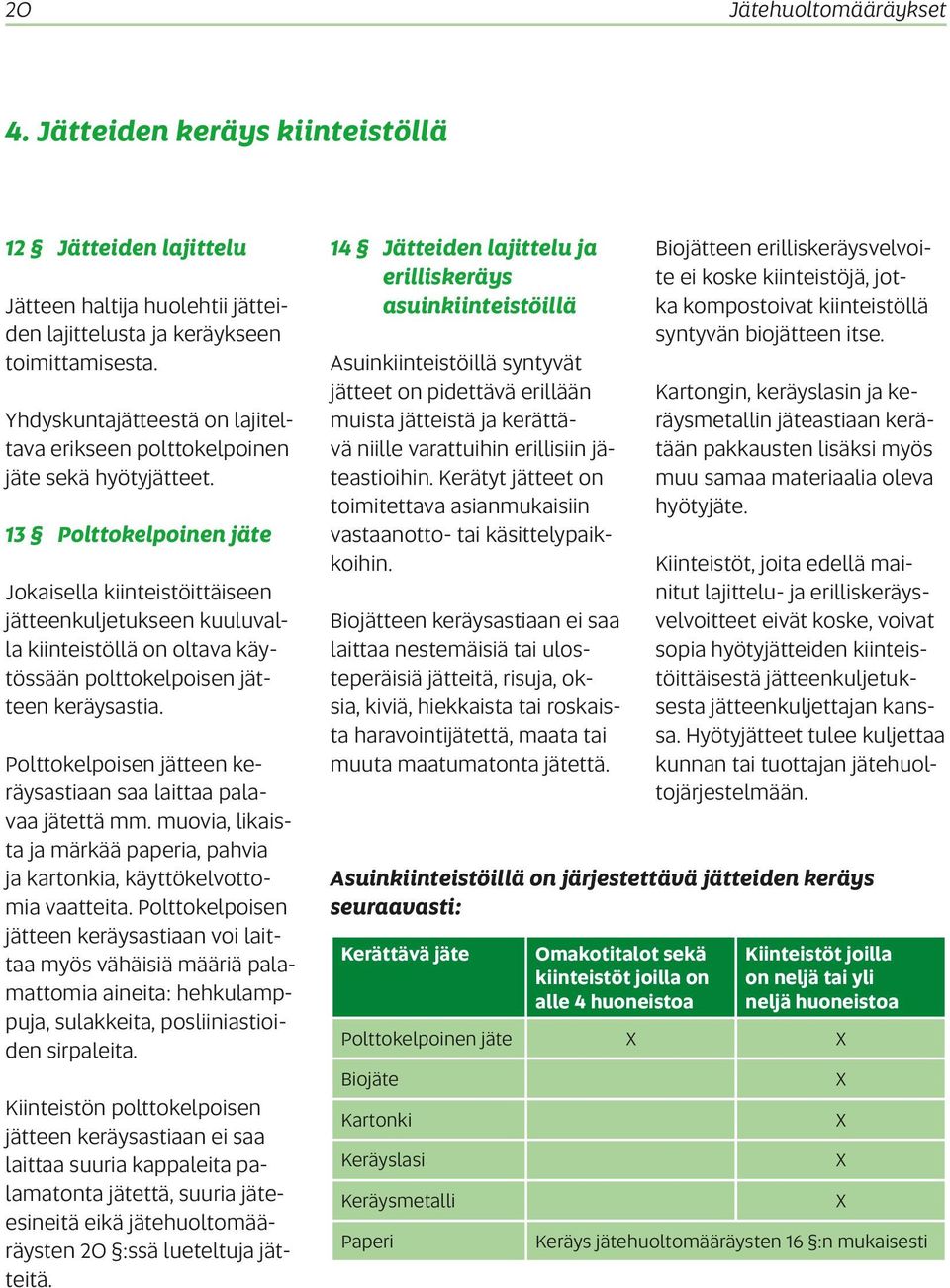 13 Polttokelpoinen jäte Jokaisella kiinteistöittäiseen jätteenkuljetukseen kuuluvalla kiinteistöllä on oltava käytössään polttokelpoisen jätteen keräysastia.