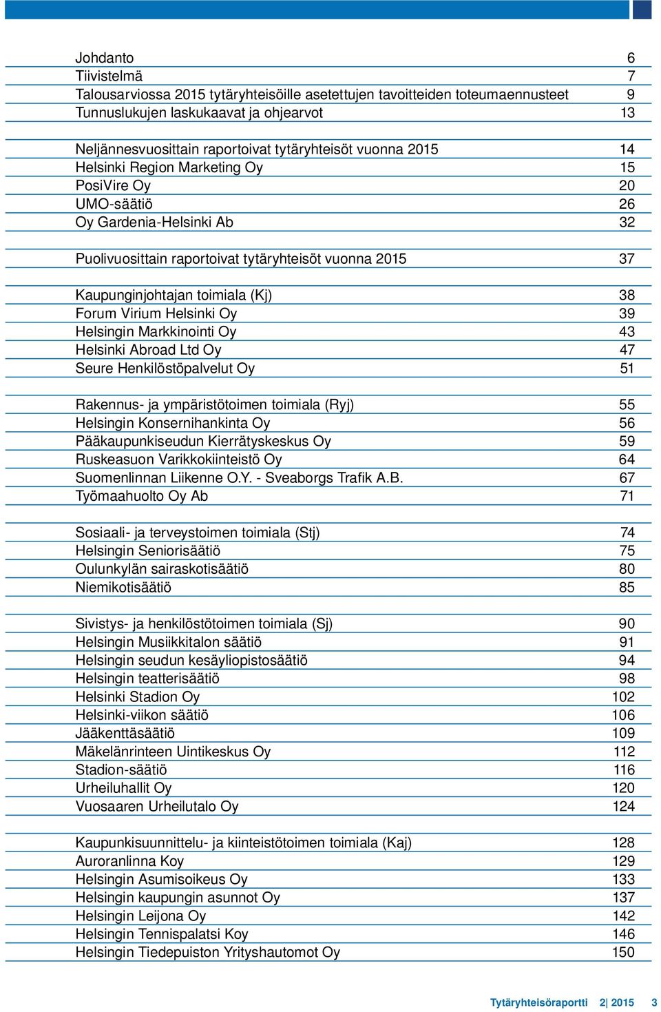 39 Helsingin Markkinointi Oy 43 Helsinki Abroad Ltd Oy 47 Seure Henkilöstöpalvelut Oy 51 Rakennus- ja ympäristötoimen toimiala (Ryj) 55 Helsingin Konsernihankinta Oy 56 Pääkaupunkiseudun