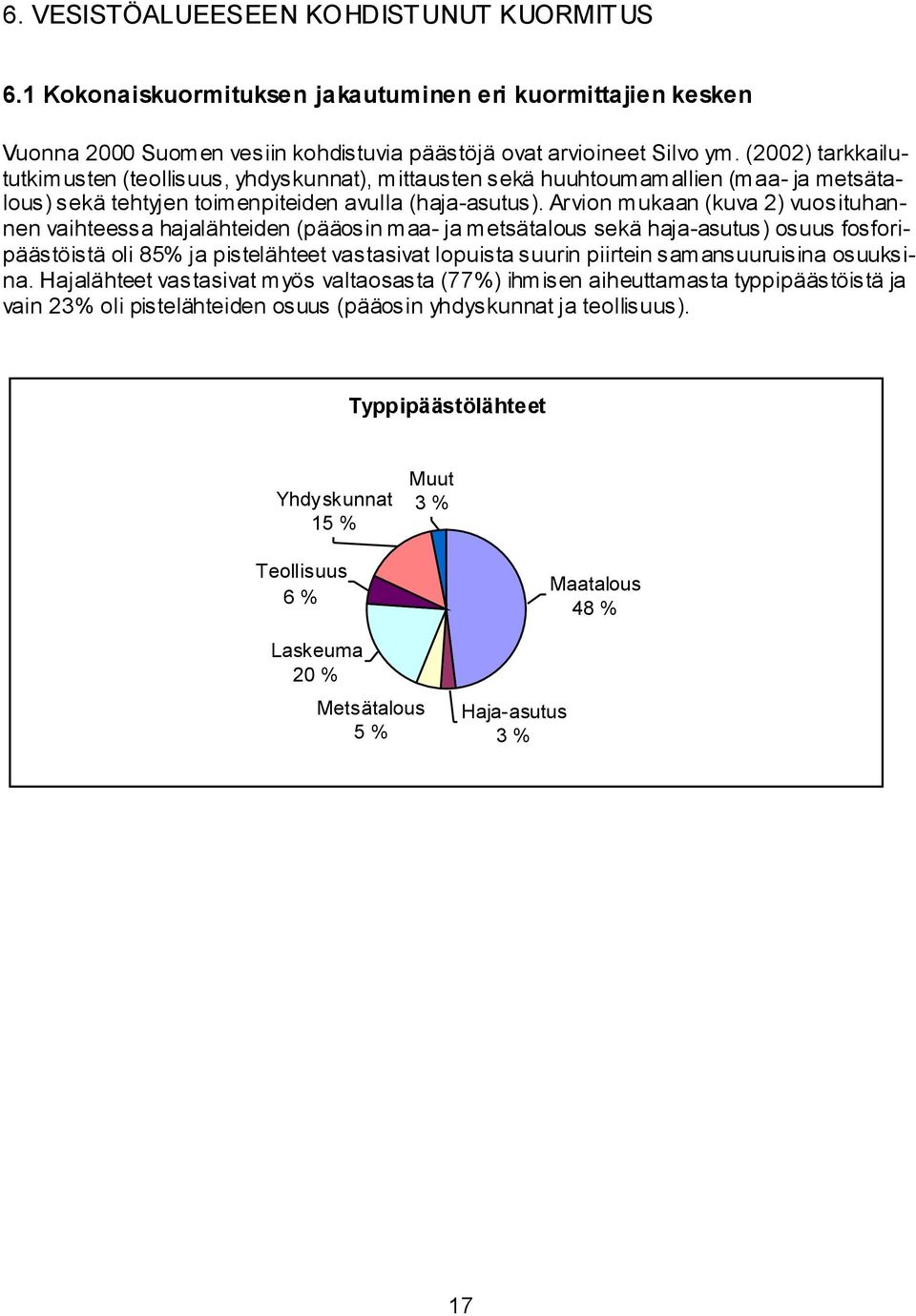 Arvion mukaan (kuva 2) vuosituhannen vaihteessa hajalähteiden (pääosin maa ja metsätalous sekä haja asutus) osuus fosforipäästöistä oli 85% ja pistelähteet vastasivat lopuista suurin piirtein