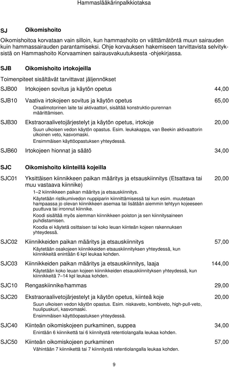 SJB Oikomishoito irtokojeilla Toimenpiteet sisältävät tarvittavat jäljennökset SJB00 Irtokojeen sovitus ja käytön opetus 44,00 SJB10 SJB30 Vaativa irtokojeen sovitus ja käytön opetus Oraalimotorinen