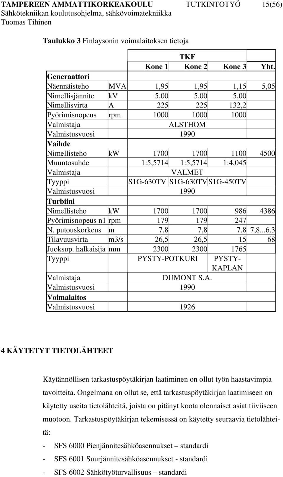 Nimellisteho kw 1700 1700 1100 4500 Muuntosuhde 1:5,5714 1:5,5714 1:4,045 Valmistaja VALMET Tyyppi S1G-630TV S1G-630TV S1G-450TV Valmistusvuosi 1990 Turbiini Nimellisteho kw 1700 1700 986 4386