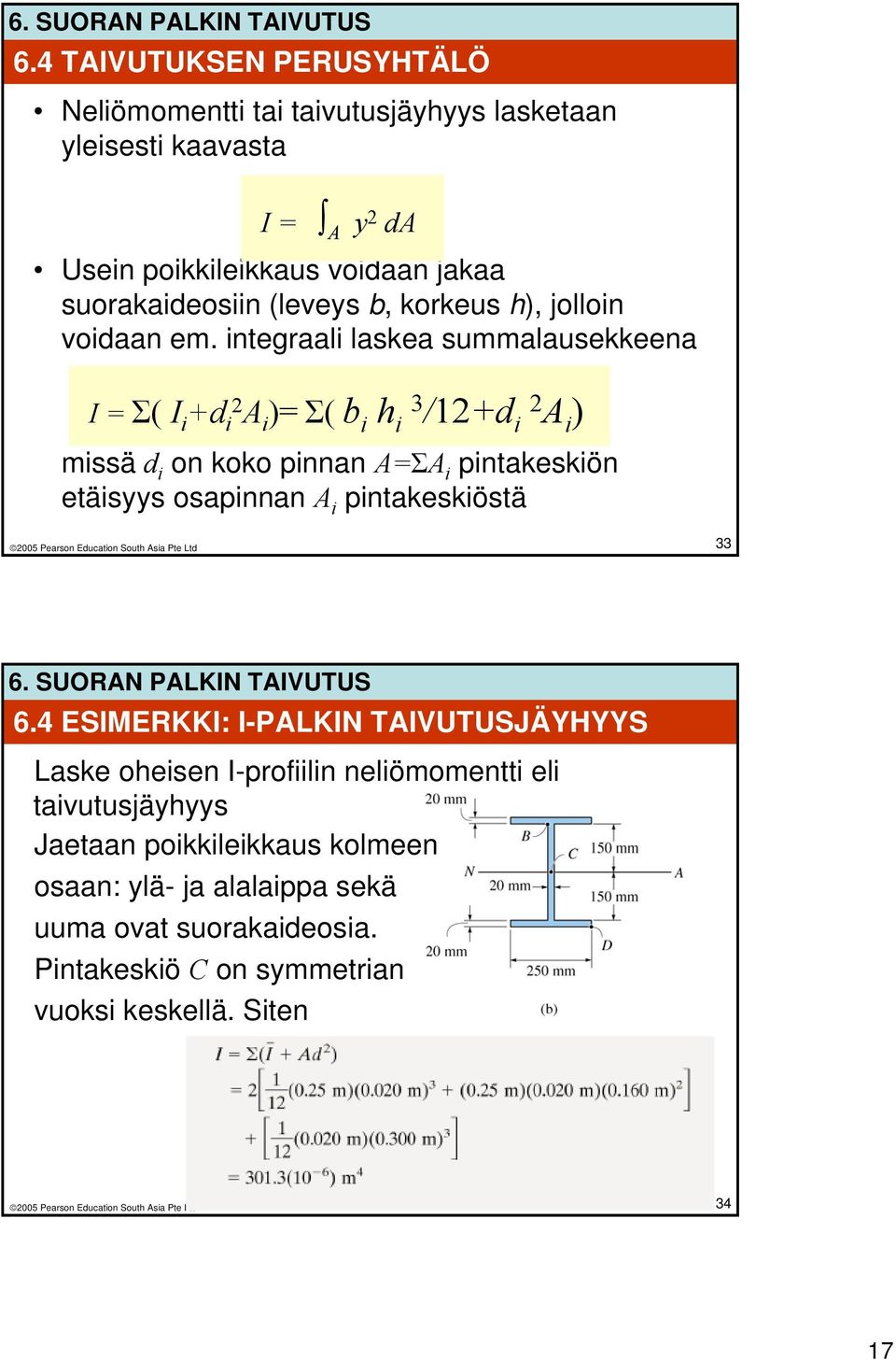 integraali laskea summalausekkeena I = Σ( I i +d i2 A i )= Σ( b i h i 3 /12+d i 2 A i ) missä d i on koko pinnan A=ΣA i pintakeskiön etäisyys osapinnan A