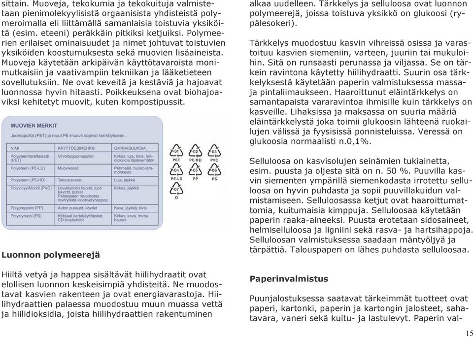 Muoveja käytetään arkipäivän käyttötavaroista monimutkaisiin ja vaativampiin tekniikan ja lääketieteen sovellutuksiin. Ne ovat keveitä ja kestäviä ja hajoavat luonnossa hyvin hitaasti.