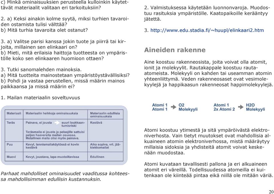 b) Mieti, mitä erilaisia haittoja tuotteesta on ympäristölle koko sen elinkaaren huomioon ottaen? 3. Tutki sanomalehden mainoksia. a) Mitä tuotteita mainostetaan ympäristöystävällisiksi?