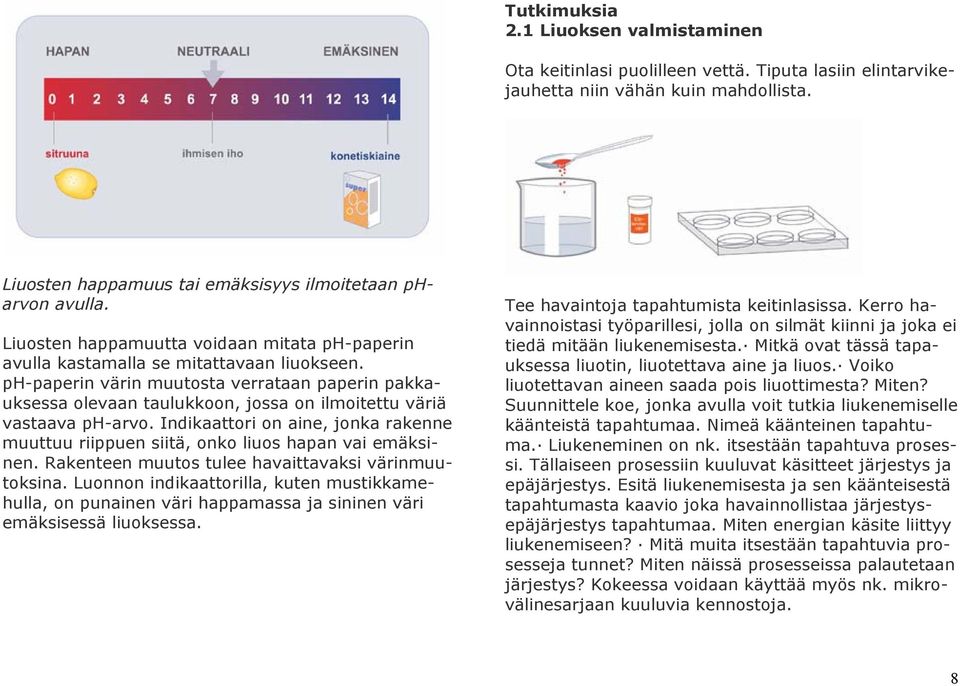 ph-paperin värin muutosta verrataan paperin pakkauksessa olevaan taulukkoon, jossa on ilmoitettu väriä vastaava ph-arvo.