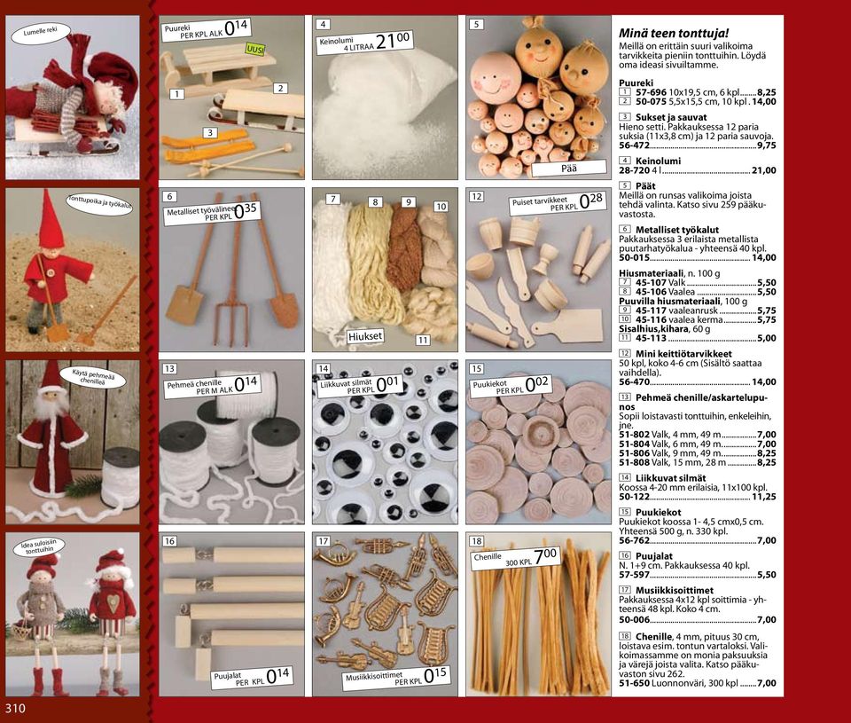 ..9,75 Idea suloisiin tonttuihin Tonttupoika ja työkalut Käytä pehmeää chenilleä 6 7 12 8 9 10 Metalliset työvälineet per kpl 0 35 Puiset tarvikkeet per kpl 0 28 Hiukset 13 14 15 Pehmeä chenille per