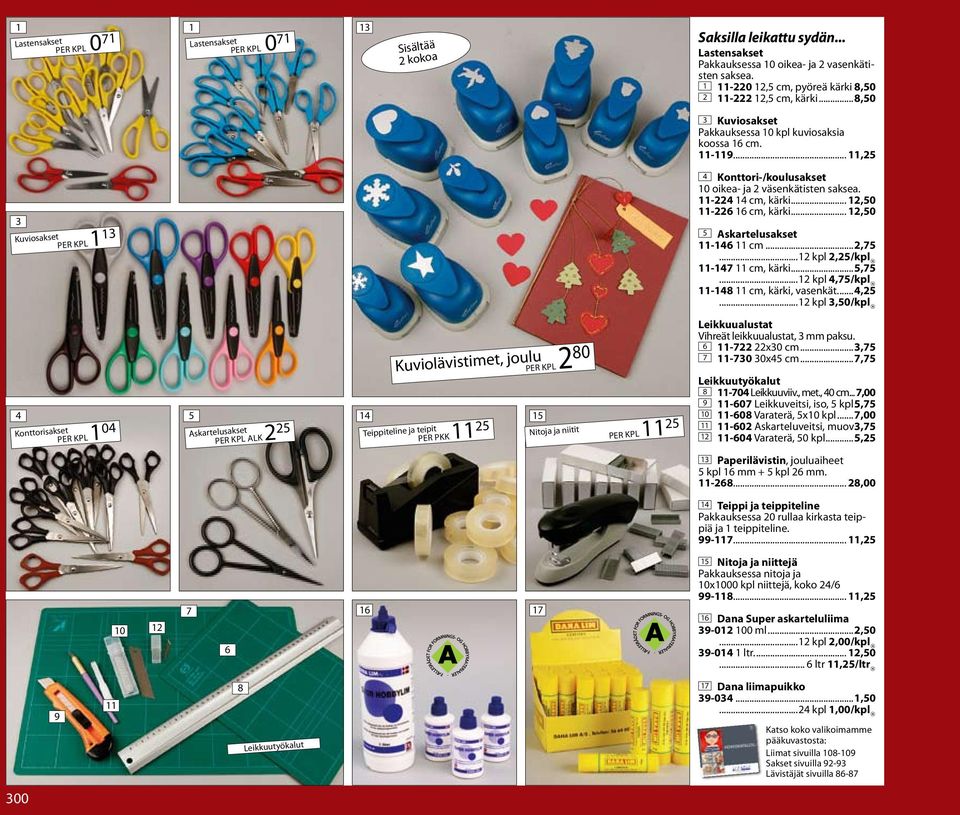 .. 11,25 3 Kuviosaksetper kpl 1 13 4 5 14 15 Konttorisakset per kpl 1 04 Askartelusakset per kpl alk 2 25 Kuviolävistimet, joulu p Per kpl 2 80 Teippiteline ja teipit per PKK 11 25 Nitoja ja niitit