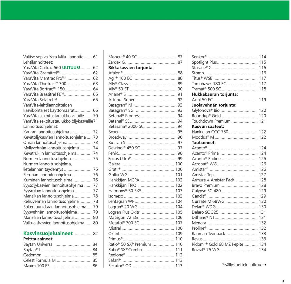 ..70 YaraVita sekoitustaulukko öljykasveille 71 Lannoitusohjelmat: Kauran lannoitusohjelma...72 Kevätöljykasvien lannoitusohjelma...73 Ohran lannoitusohjelma...73 Myllyvehnän lannoitusohjelma.